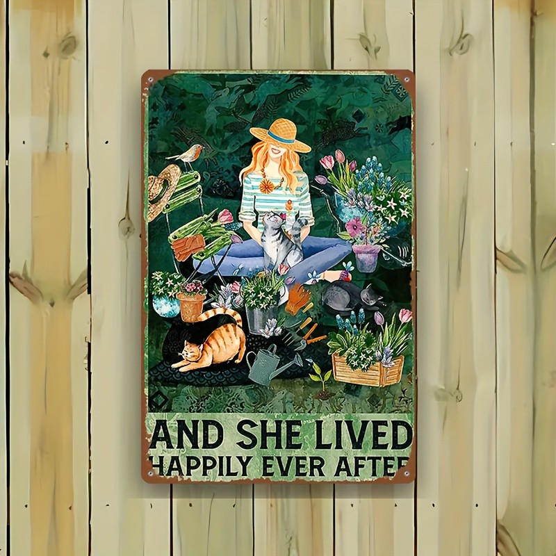 Vintage Cat Lover Metal Sign Girl Garden Happily Ever After Living Room Decor