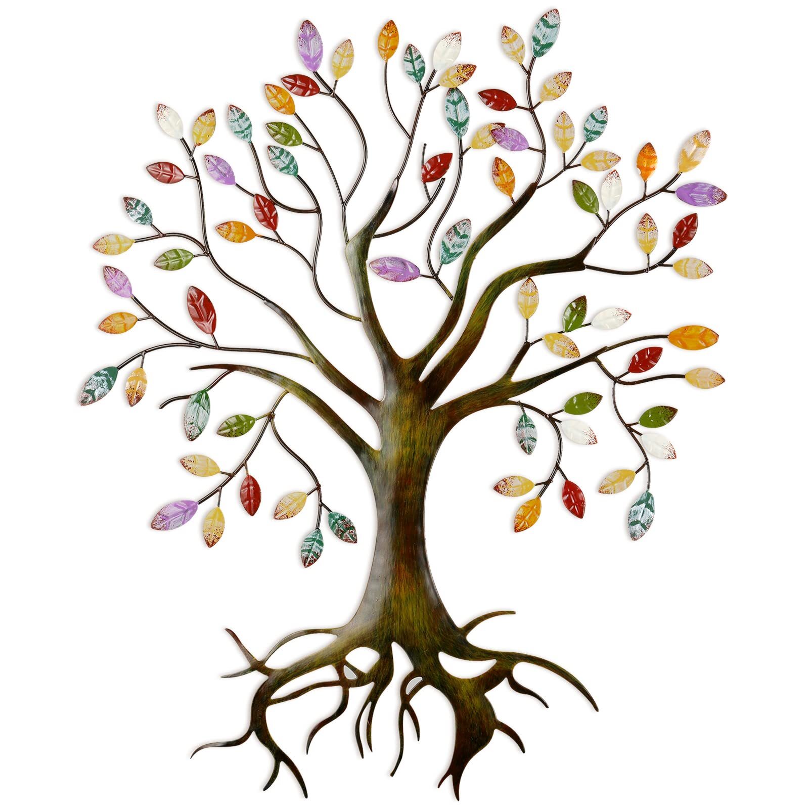 Moxweyeni Metal Tree Wall Sculpture Gold Tree Home Decor Multi Colored Leaf A…