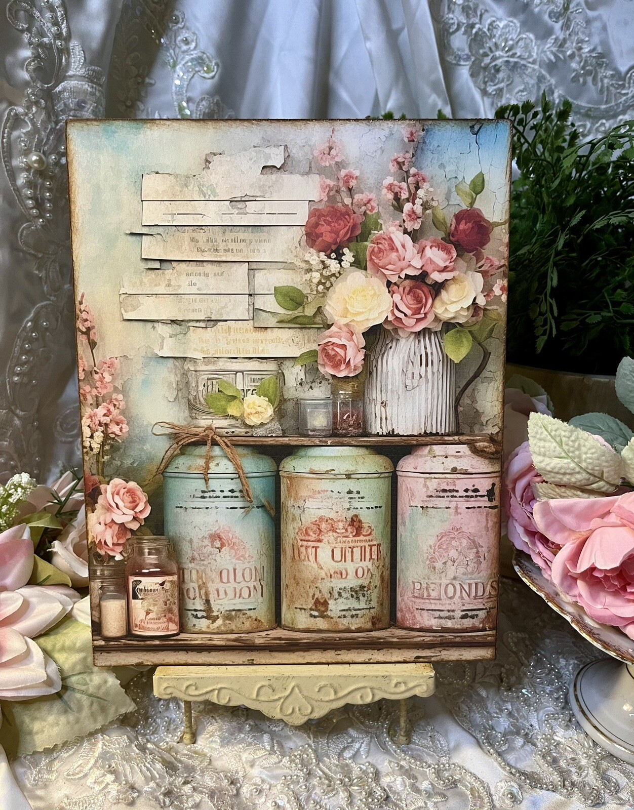 Shabby Chic Tins & Jars Flowers French Country Cottage Handcrafted Plaque #10