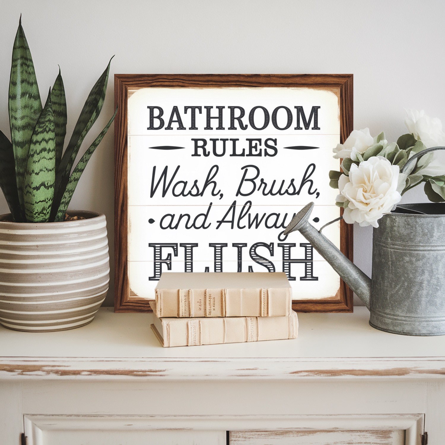 Rustic Wood Framed Bathroom Rules Sign Wash Brush Flush Funny Bathroom Art Decor