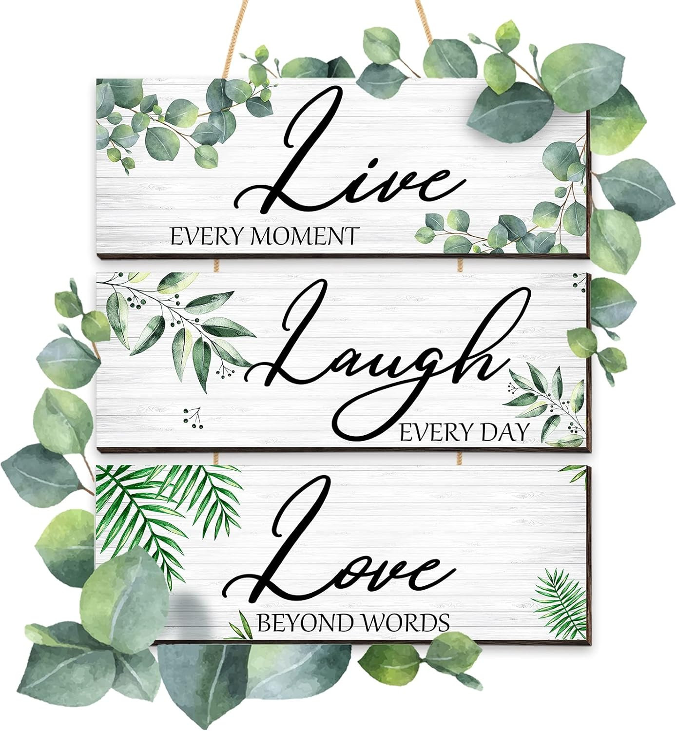 3 Pieces Live Laugh Love Wooden Sign Eucalyptus Leaves green, white, brown