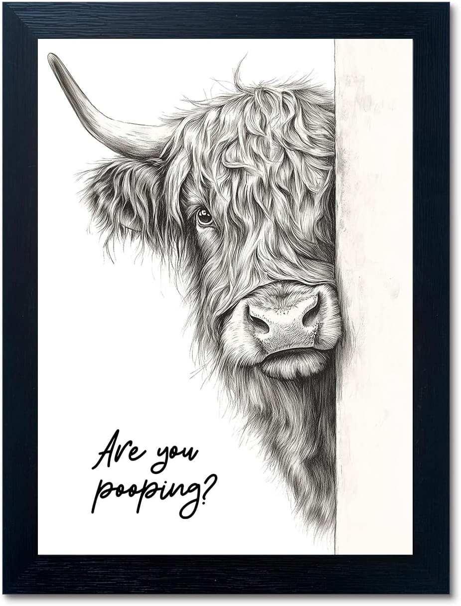Arte de pared divertido de vaca para baño decoracion rustica con marco negro