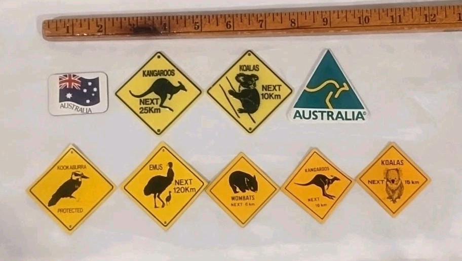 Australian Flag Road Sign Magnets Wombats, Emus, Koalas, Kangaroos, Kookaburra