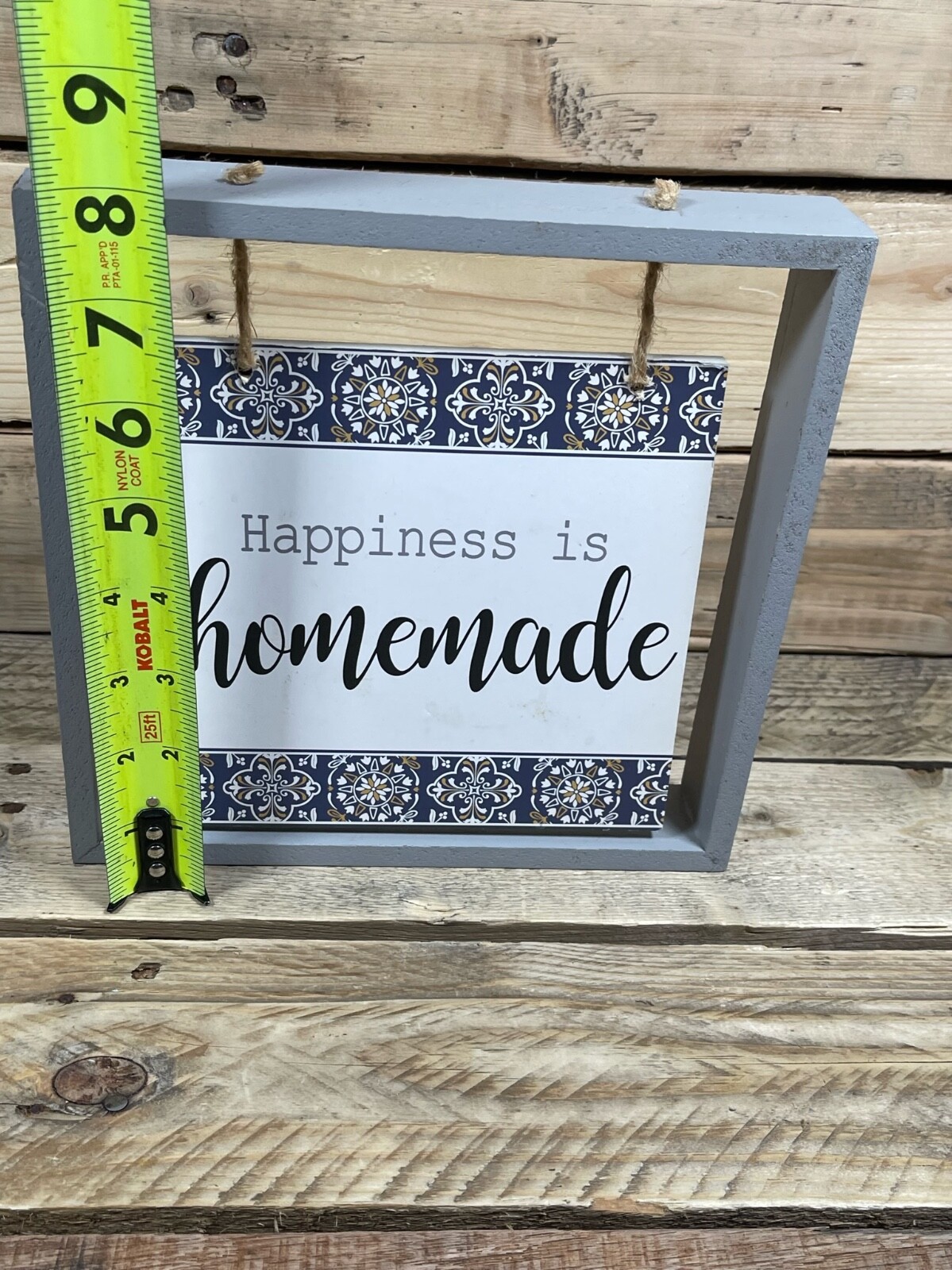 “Happiness Is Homeade” Farmhouse Wood Sign 8×8 Gray Rope Hanging Decor Plaque