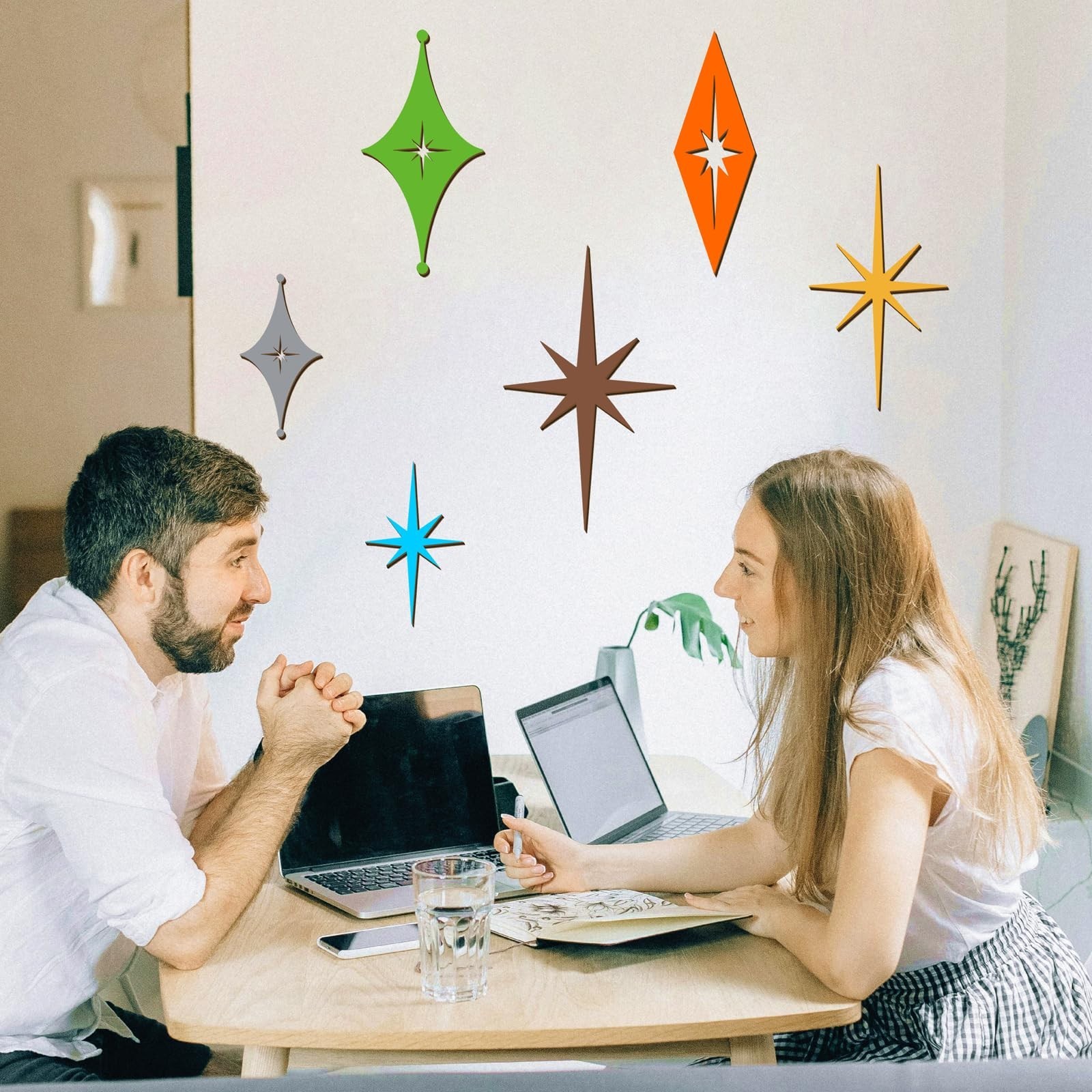 Colorful Wooden Star Wall Decor – 6 Pcs Mid Century Modern Art, Rustic Starburst