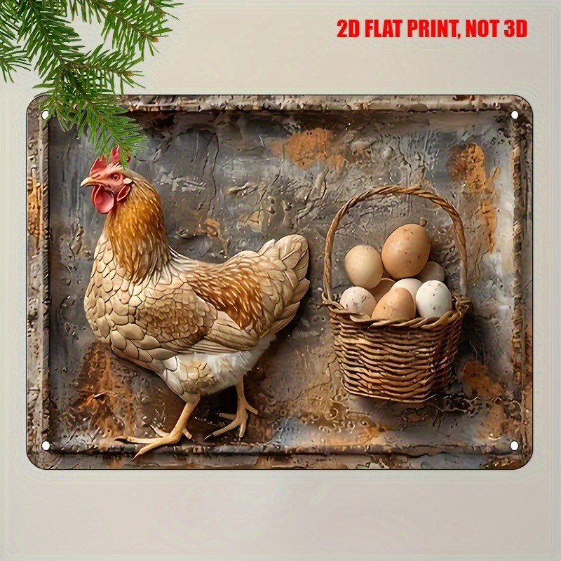 Vintage Farmhouse Chicken Metal Signs Hen & Egg Basket Rustic Wall Decor Country