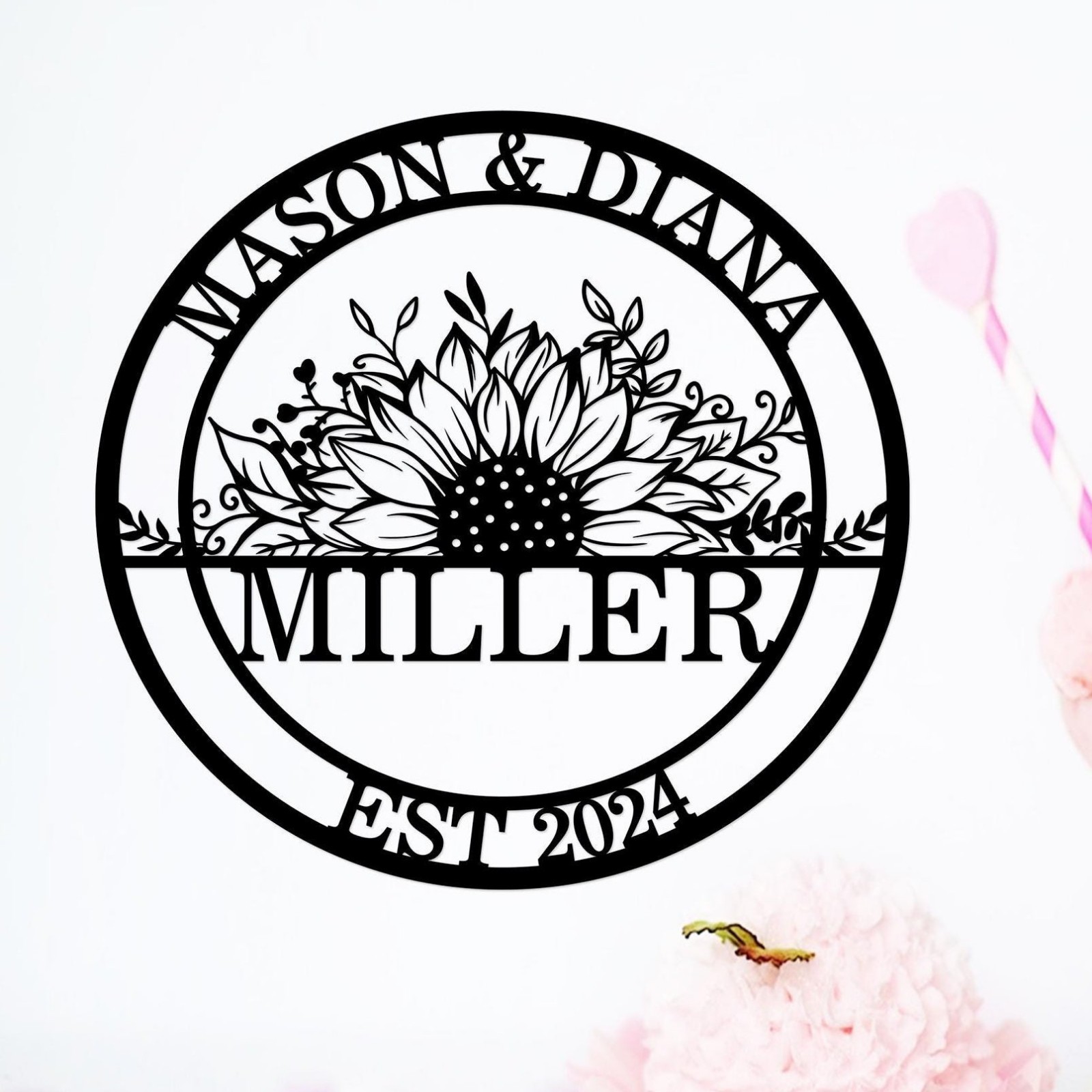 Personalized Family Name Metal Sign, Sunflower Wall Decor Gift