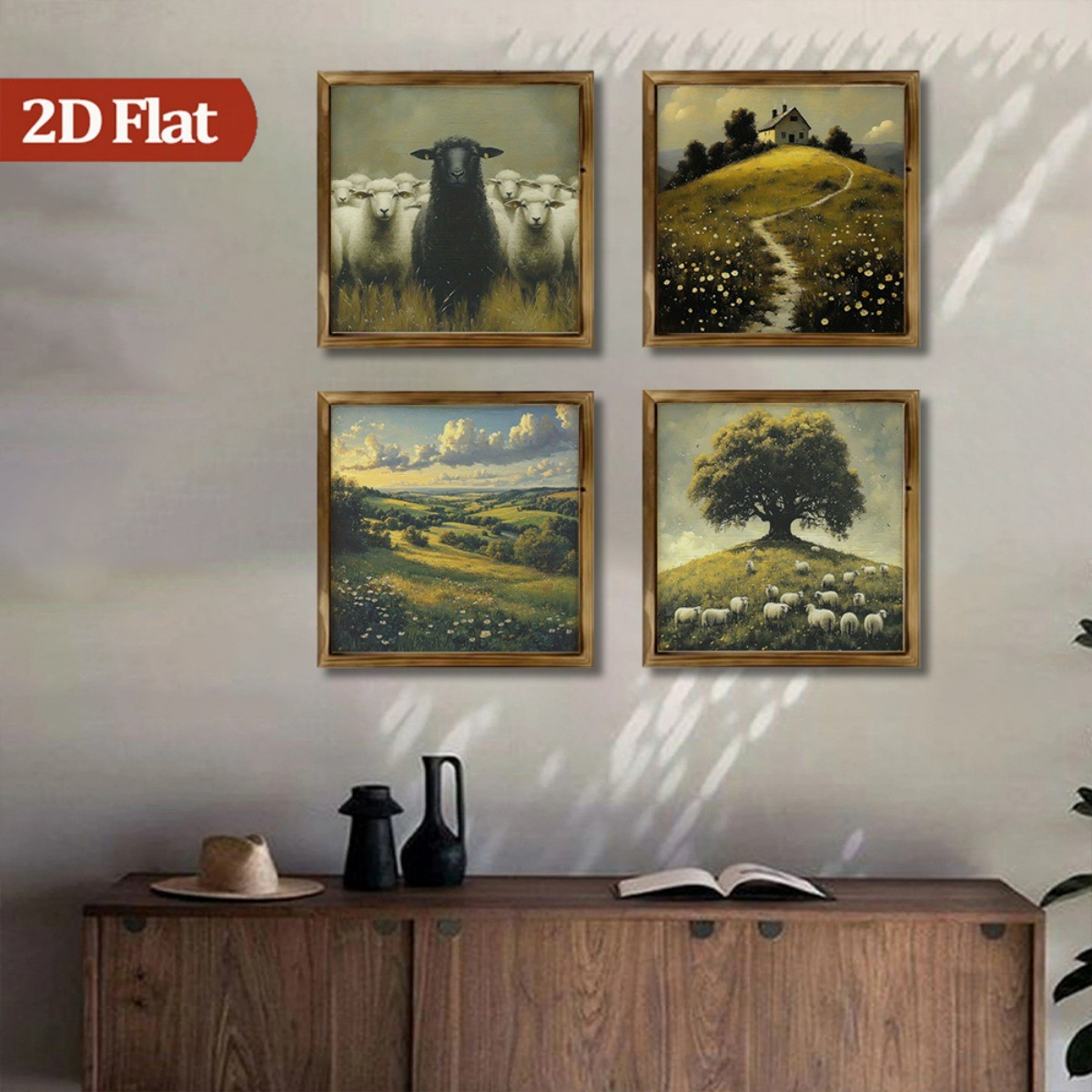 4Pcs Sheep Rural Landscape Framed Wall Art Rustic Living Room Wooden Sign Gift