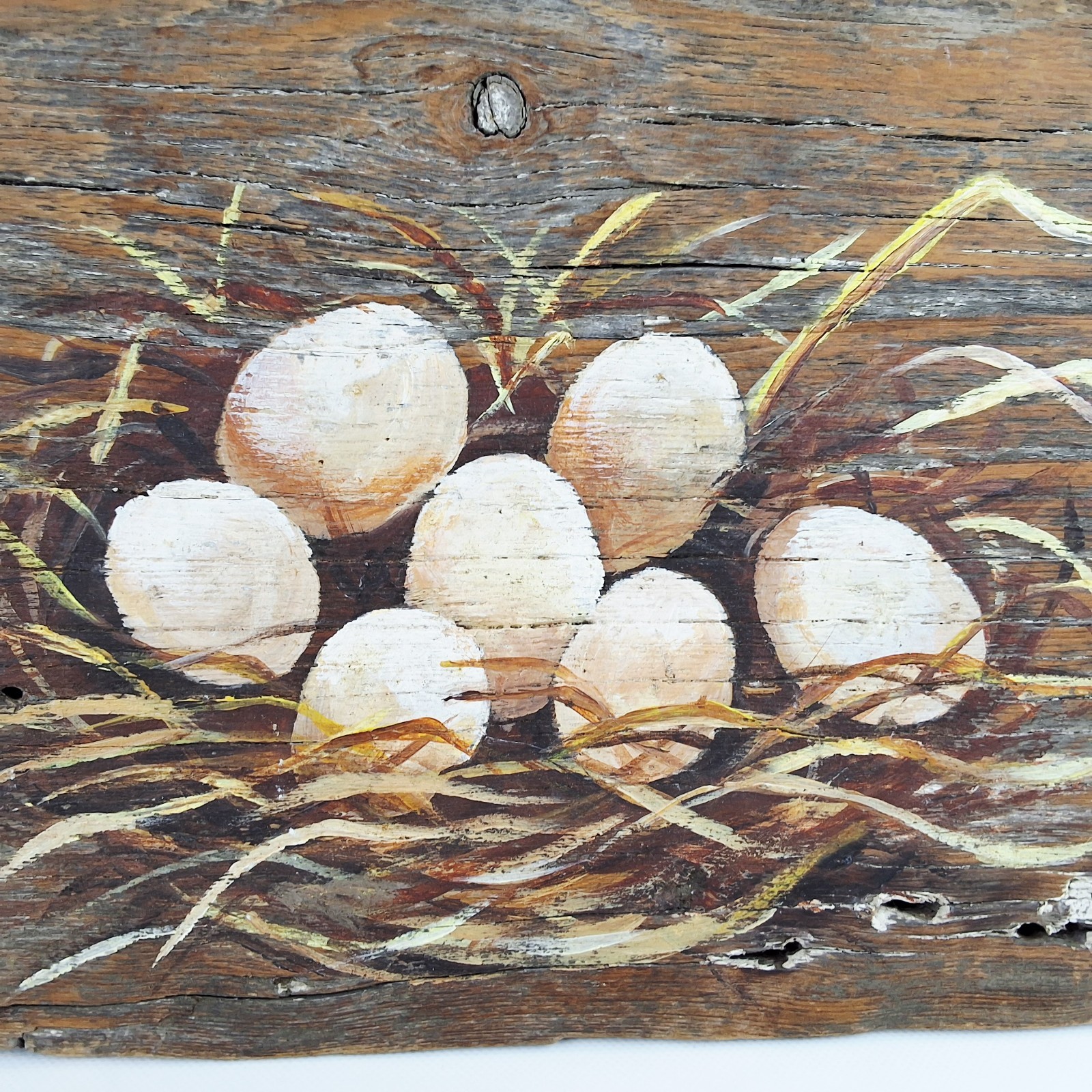 Eggs in Nest Artist Signed Painting/Plaque On Barnwood 13.75 in x 9.5 in