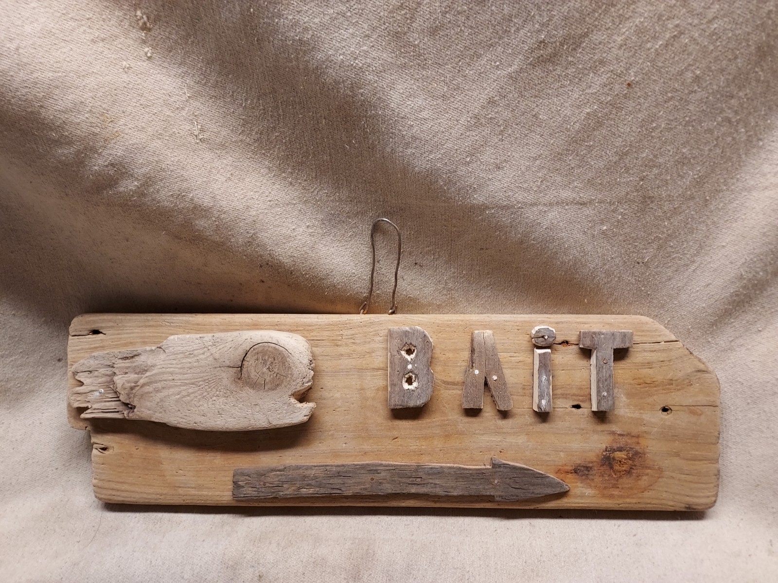 DRIFTWOOD BAIT SIGN WITH NATURAL FISH FIGURE FROM THE BEACHES OF SOUTH JERSEY