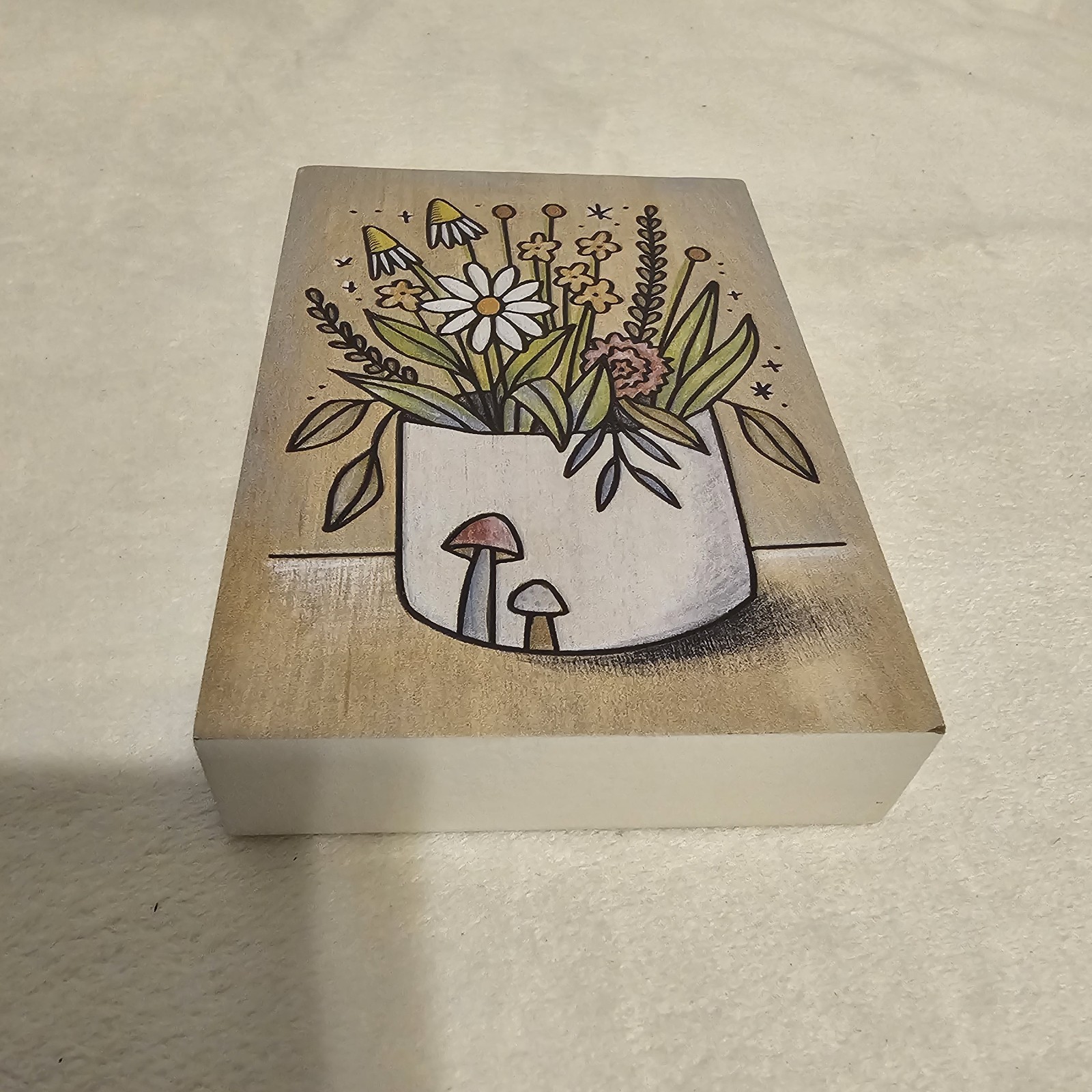 Flowers In Mushroom Planter Wood Block Decor Primitives by Kathy 5×3.5x1in