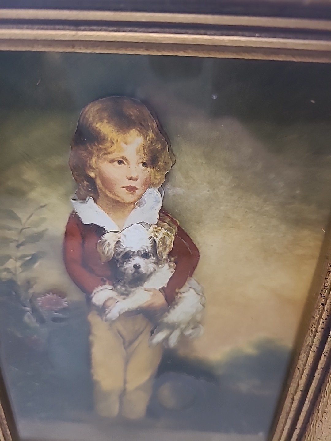Pictures girl & boy in 3D paper in gold frame shadowbox. Glass,dried flowers.Vtg