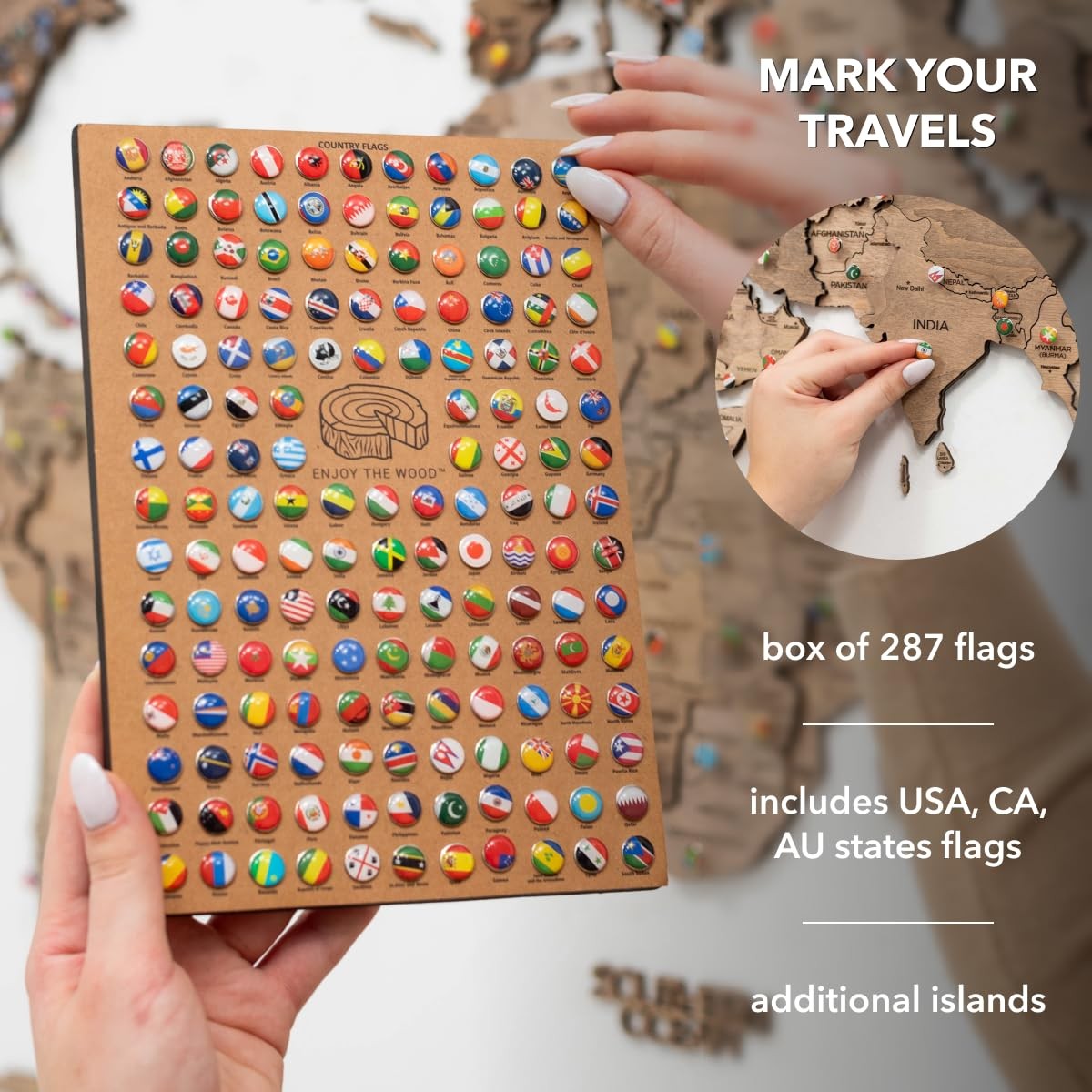 3D Wooden World Map Wall Art Large Travel Map with Pins for Art Decor Decor…