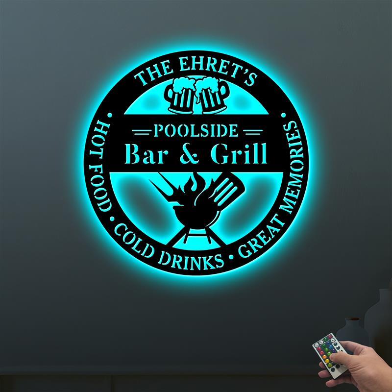 Poolside Bar and Grill Metal Wall Art With Led Lights, Poolside and Bar, Bar BBQ