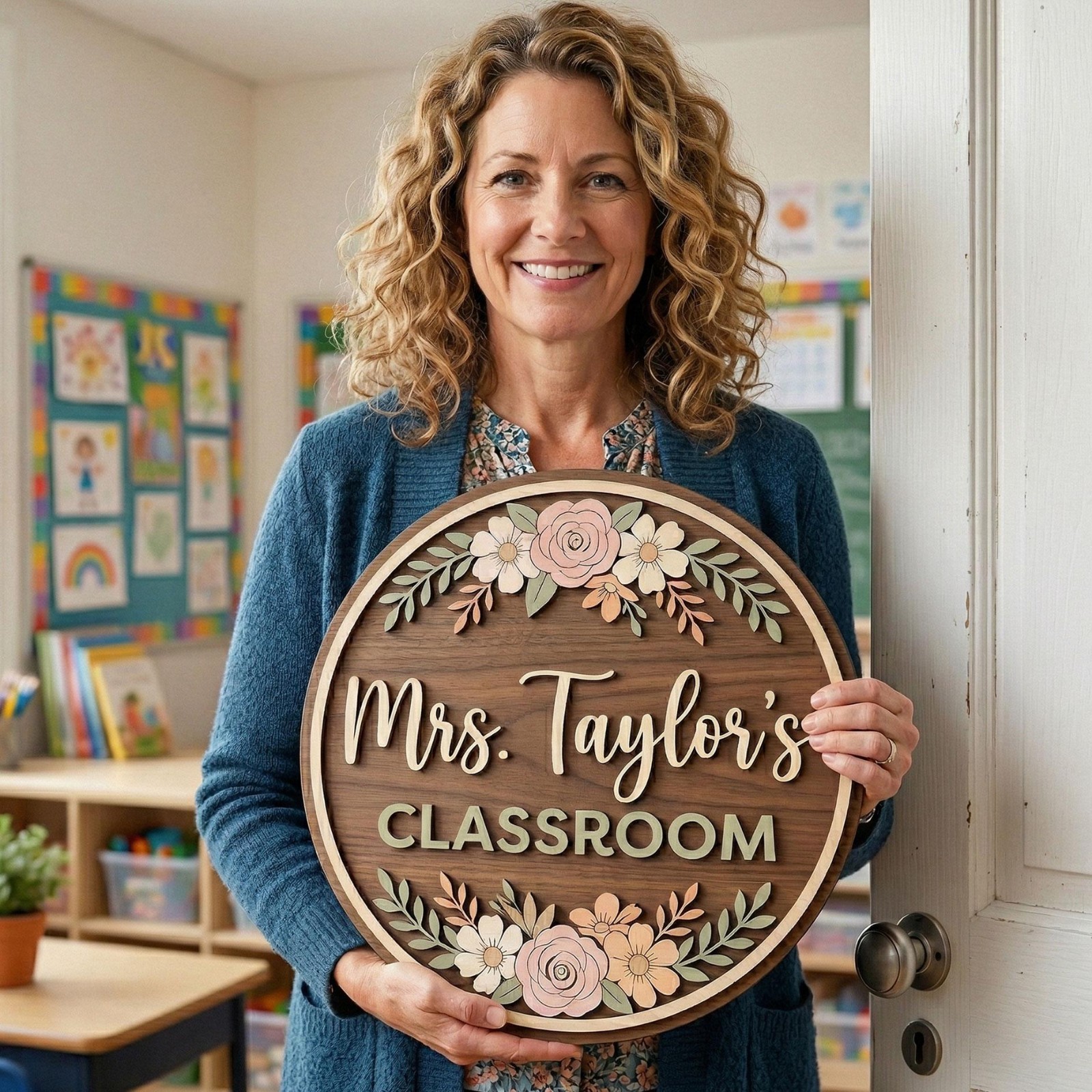 Personalized 3D Wooden Teacher Name Sign – Custom Classroom Door Hanger
