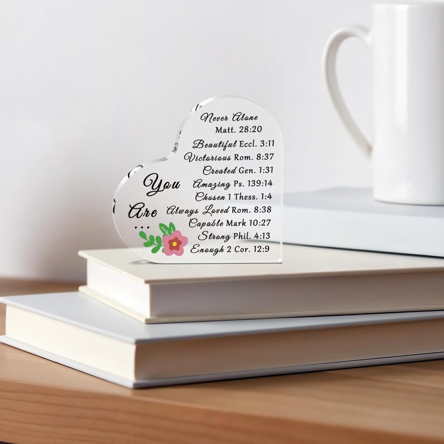 Christian Affirmation Acrylic Heart Plaque Floral Bible Verse Table Decor Gift