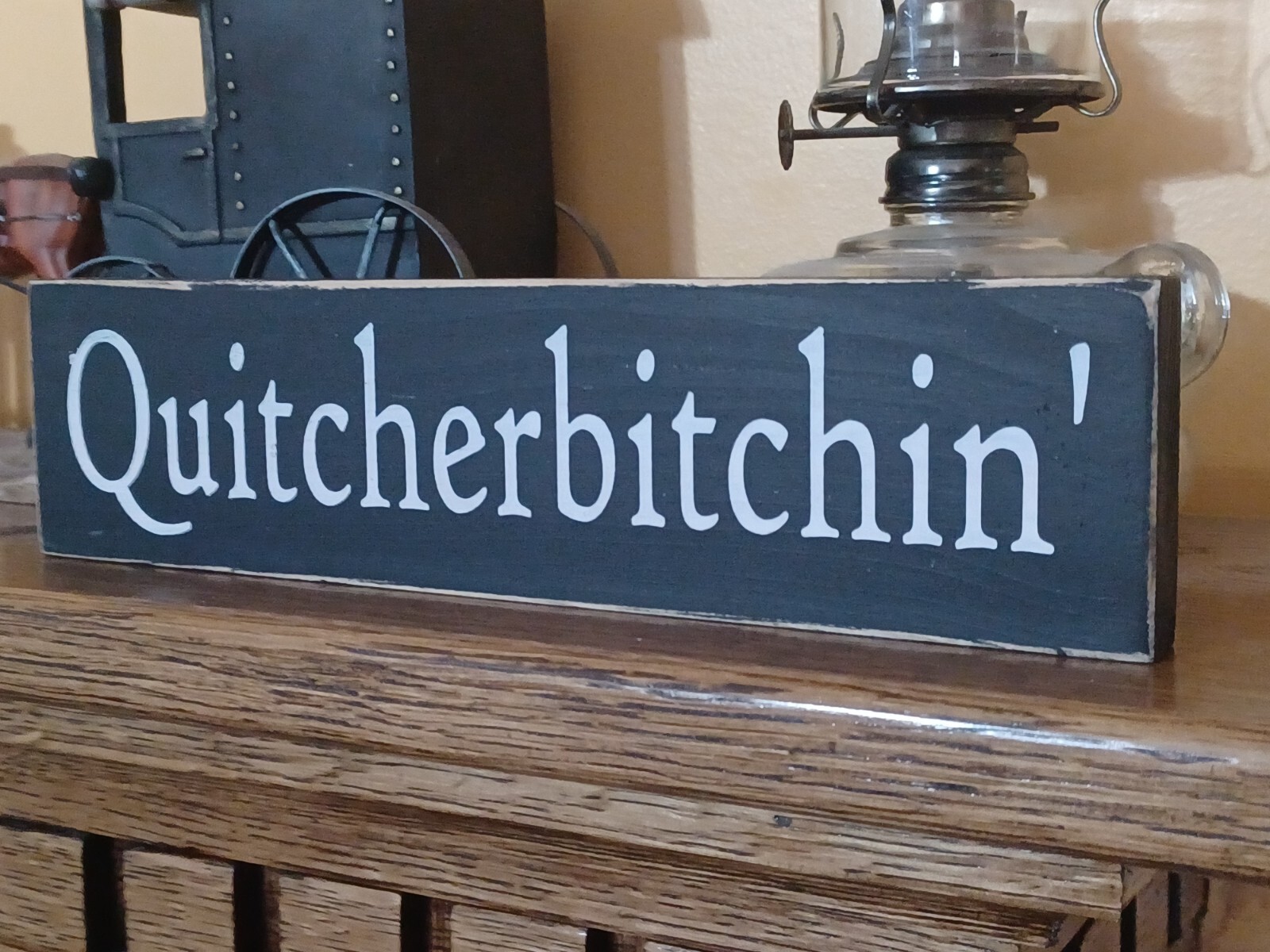 Quitcherbitchin’ rustic country farmhouse funny vintage home decor sign
