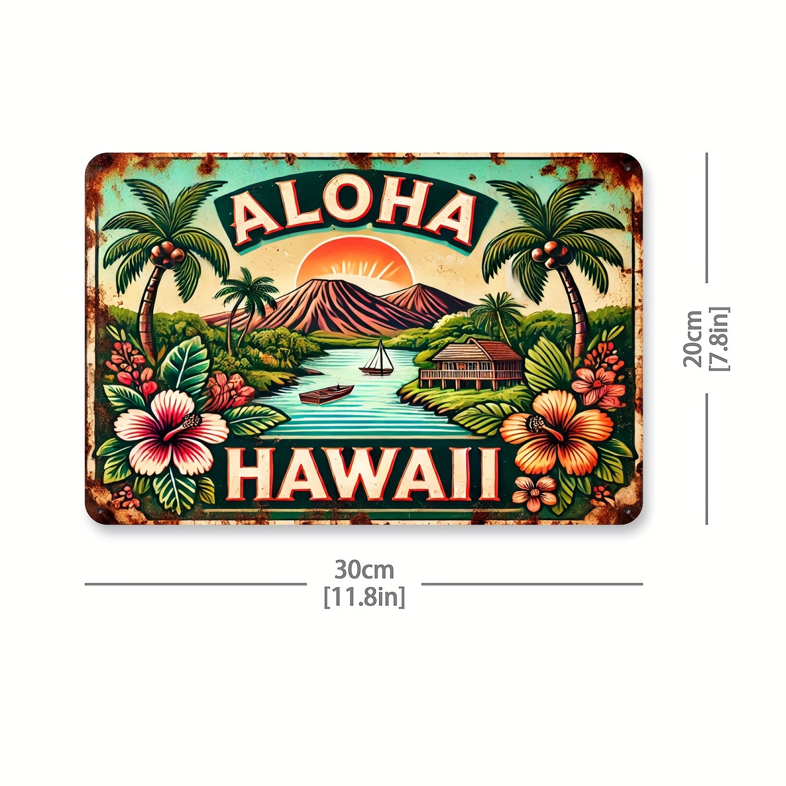 Vintage “Aloha Hawaii” Tin Metal Signs Rustic Wall Decor with Tropical Beach Sce