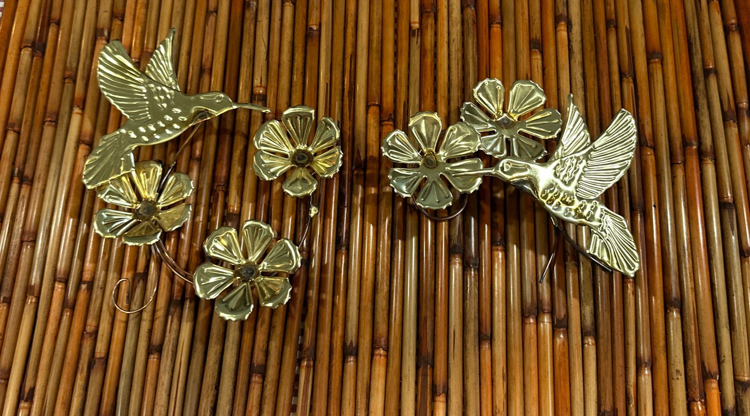 Tin Golden Hummingbirds With Flowers Lightweight Wall Hangings Vintage Set