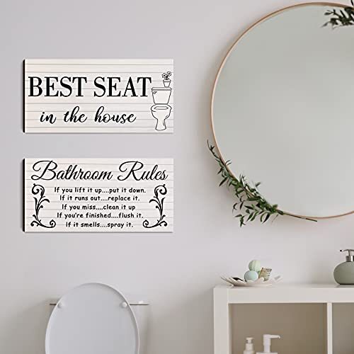 2 Pack Funny Bathroom Wall Decor Sign Wooden Toilet Bathroom Rule Wall Art
