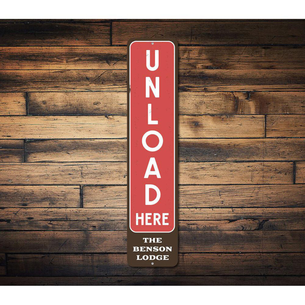 Unload Here Vertical Sign, Personalized Family Last Name Ski Lodge Sign