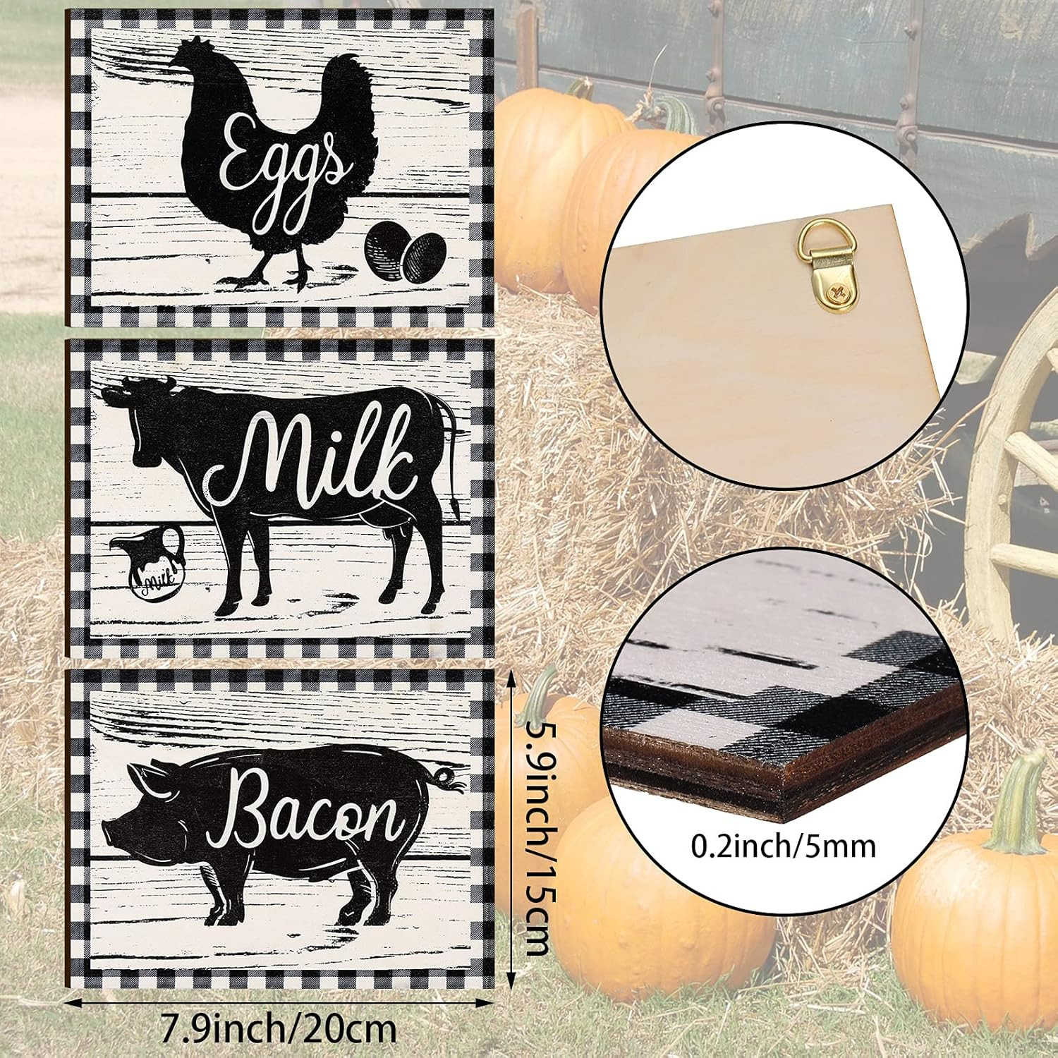 3 Pieces Farmhouse Kitchen Decor Wooden Pig Cow Chicken Signs Rustic Buffalo Pla