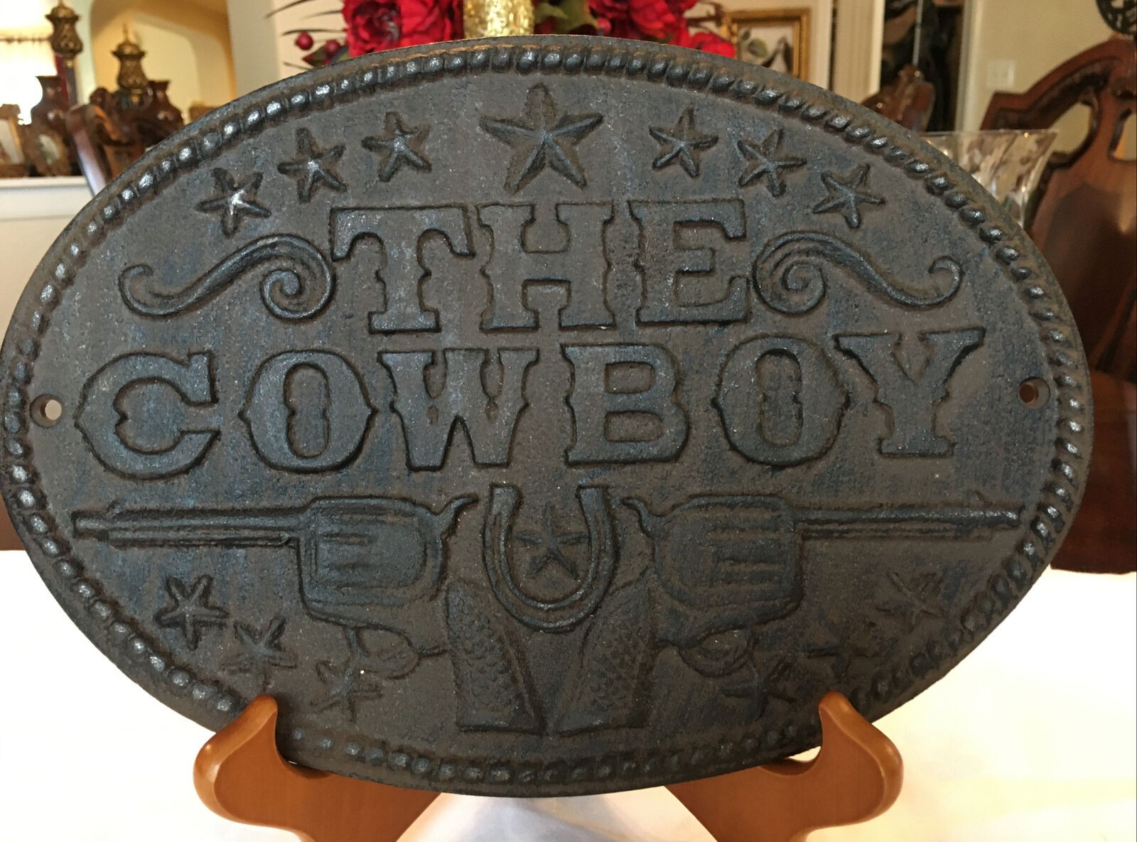 Vintage Cast Iron Cowboy Plaque Sign Rustic Weights 3 pounds