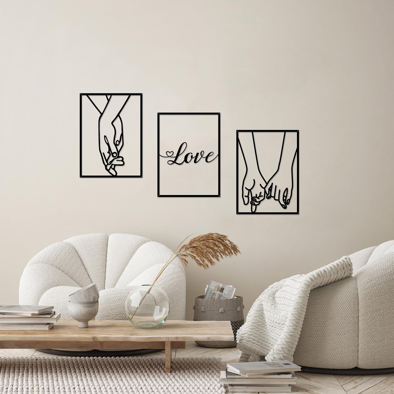 3 PCS Love Hands Minimalist Black Metal Wall Art Abstract Heart Couple Decor