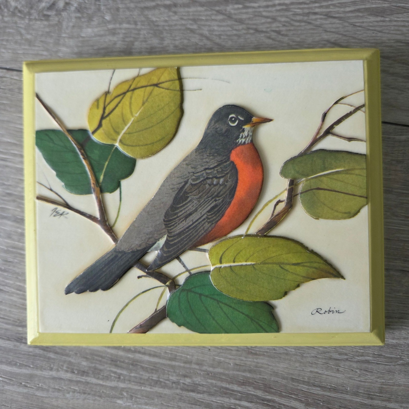 Vintage 1973 3D Paper Tole Bird Wall Art Set 4 Wood Plaques Yellow Cottagecore