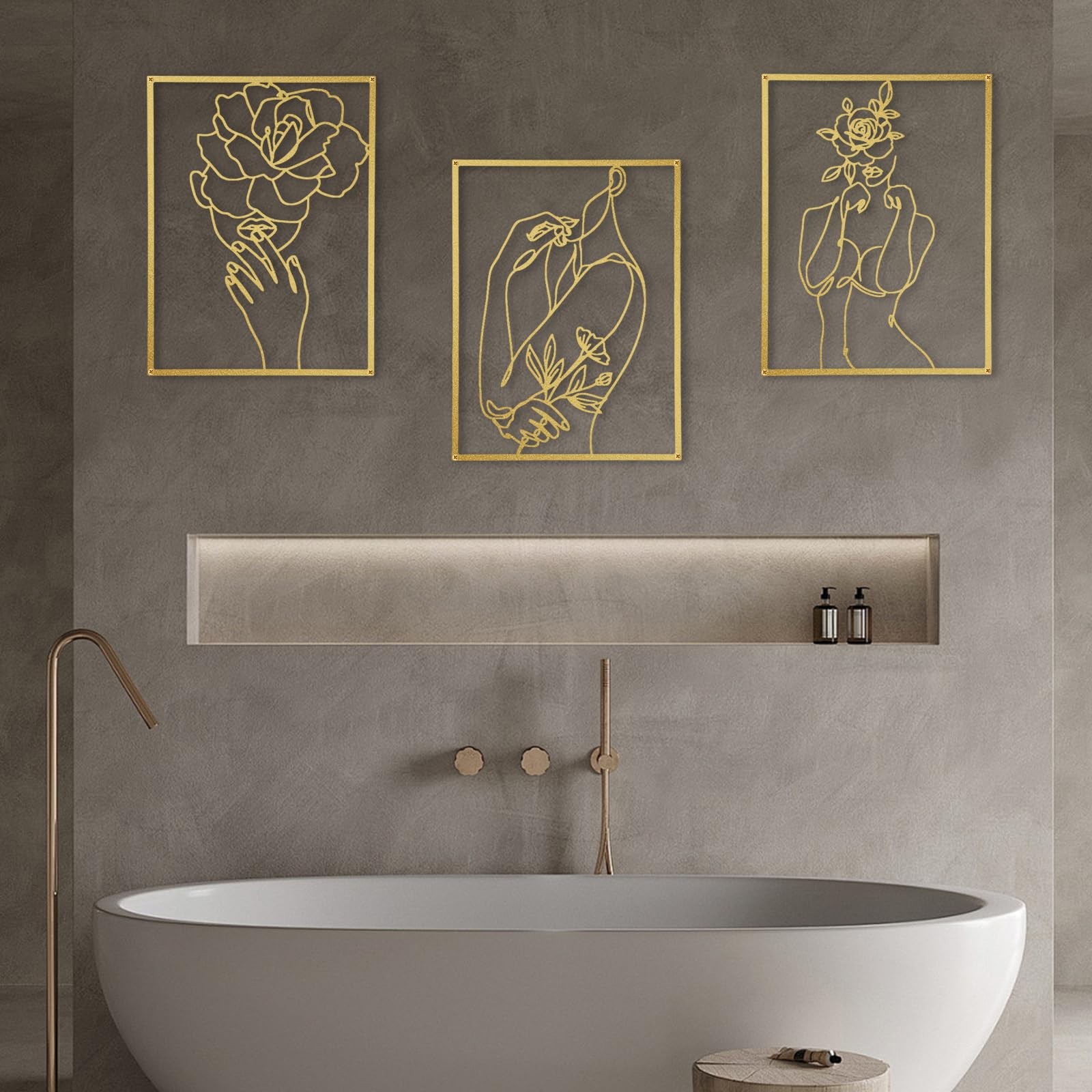 3 PCS 16.5×12.5in Gold Metal Wall Art Minimalist Single Line Flower Woman