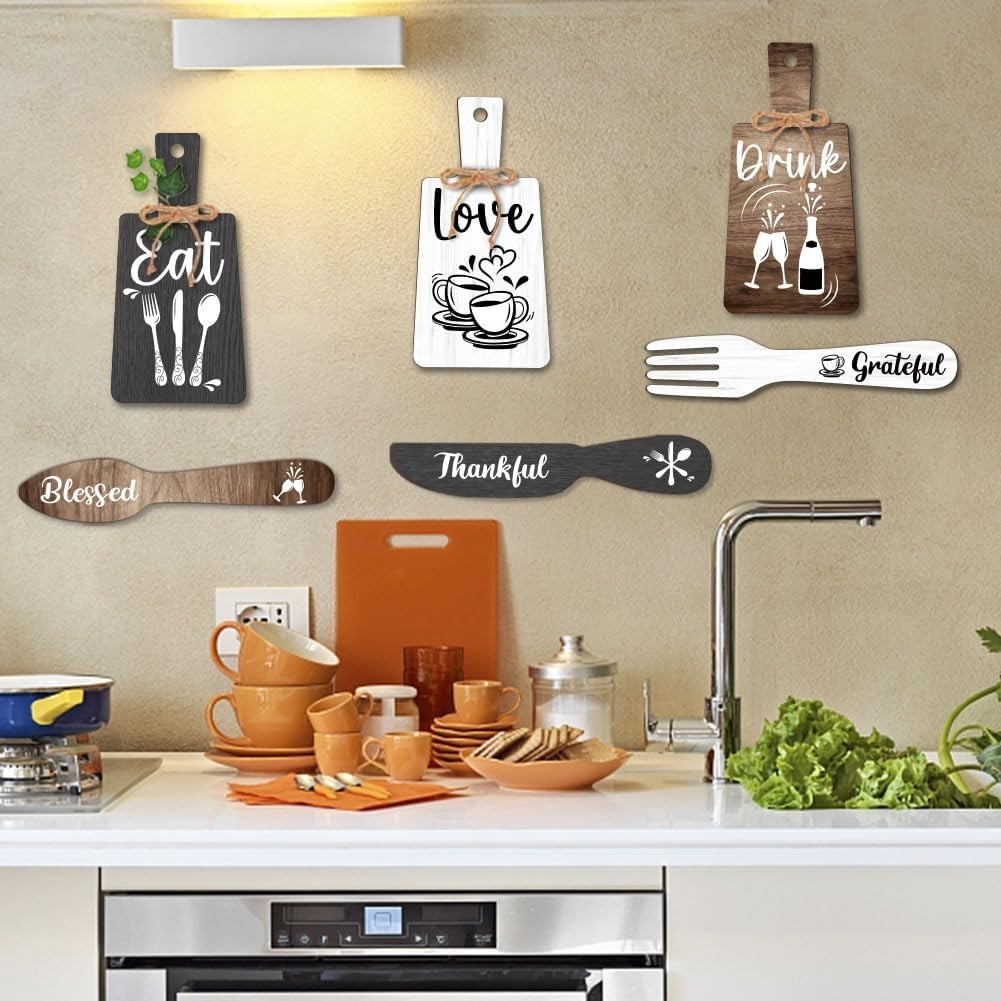6pcs Kitchen Wall Decor Start Drink Sign Set Wood Pendant Accessories Mini Wo…