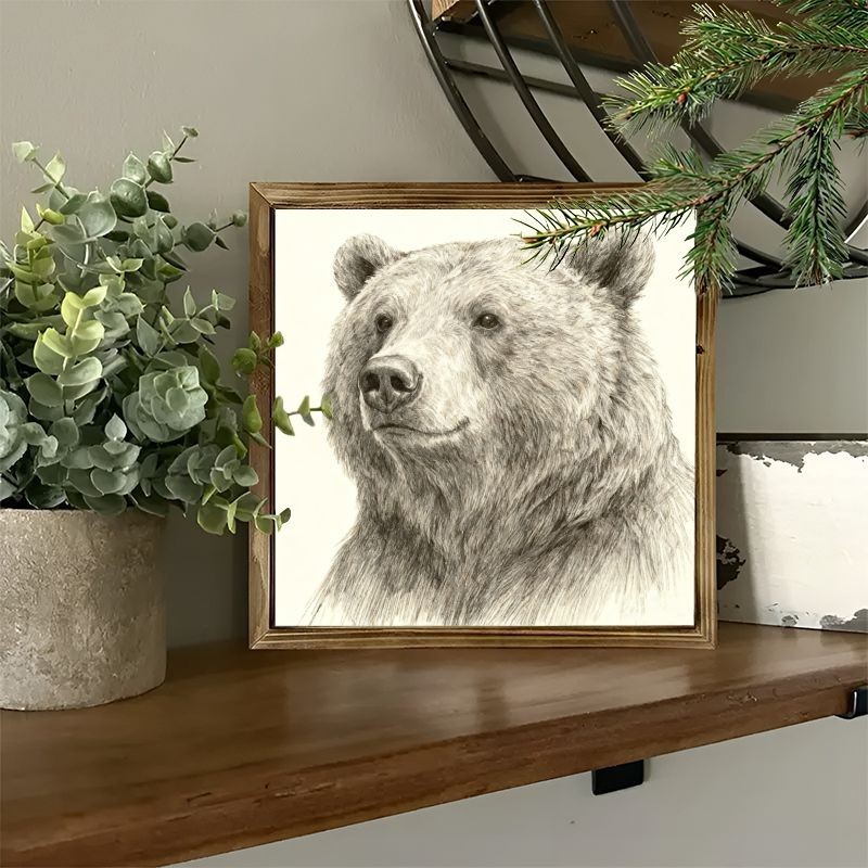 Rustic Bear Portrait Wooden Framed Sketch Art Farmhouse Living Room Decor