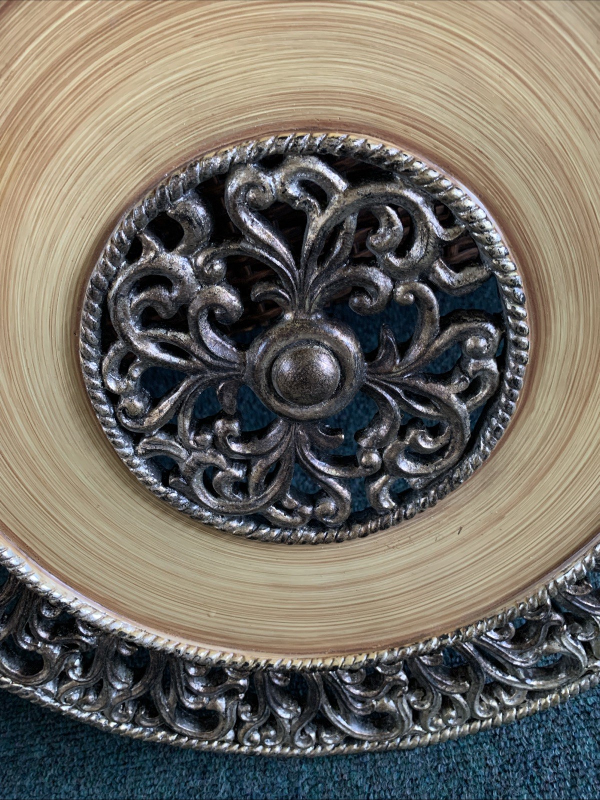 18 In Decorative Wall Plaque Faux Wood Center With Ornate Silver Tone Metal