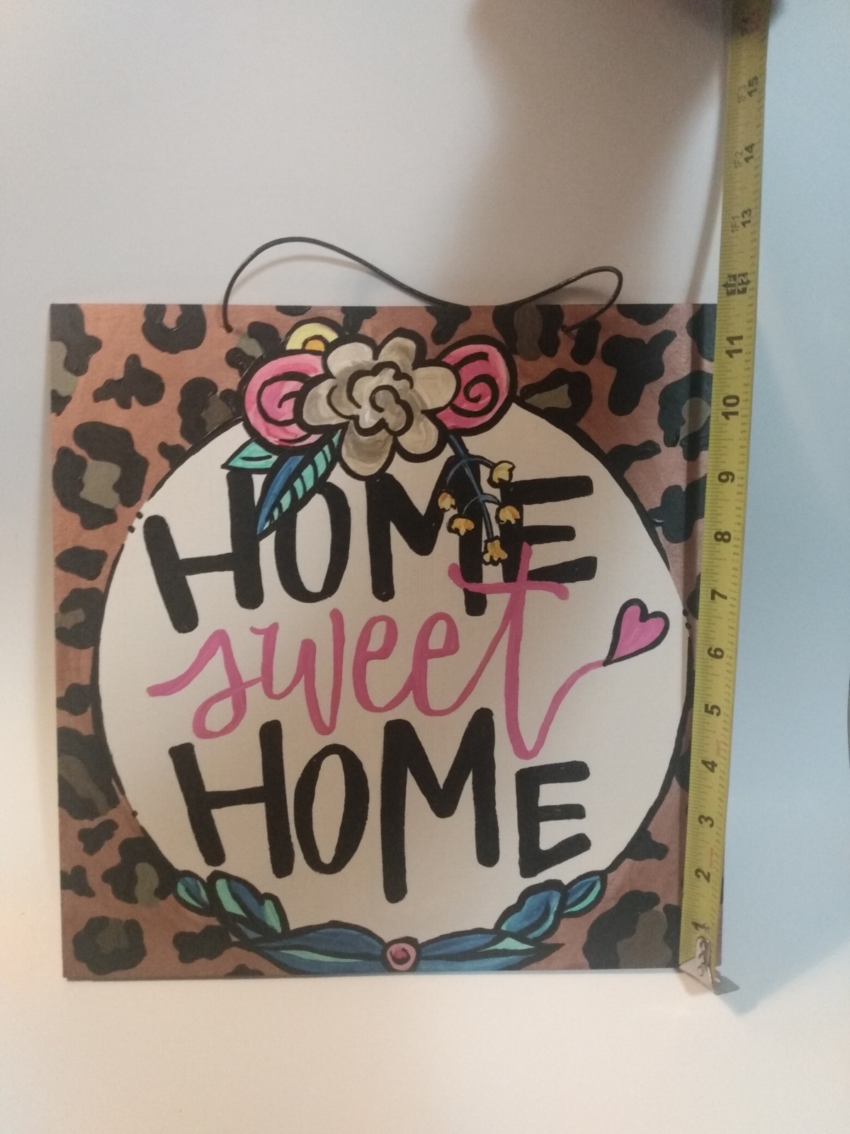 Home Sweet Home leopard print Sign pink yellow Flowers 12×12 Inch Hand Painted