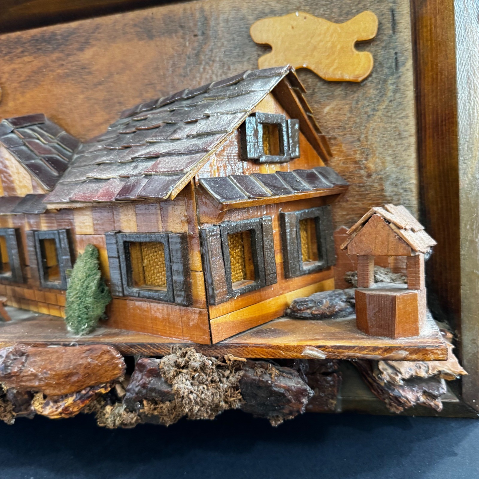 Vintage 3D Wood Wall Art Plaque Rustic Cabin Cottage Diorama Shadow Box Folk Art