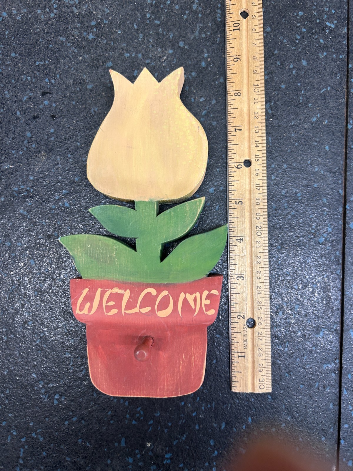 Wooden Welcome Sign Rustic Country Flower in Pot with Key holder 9×4