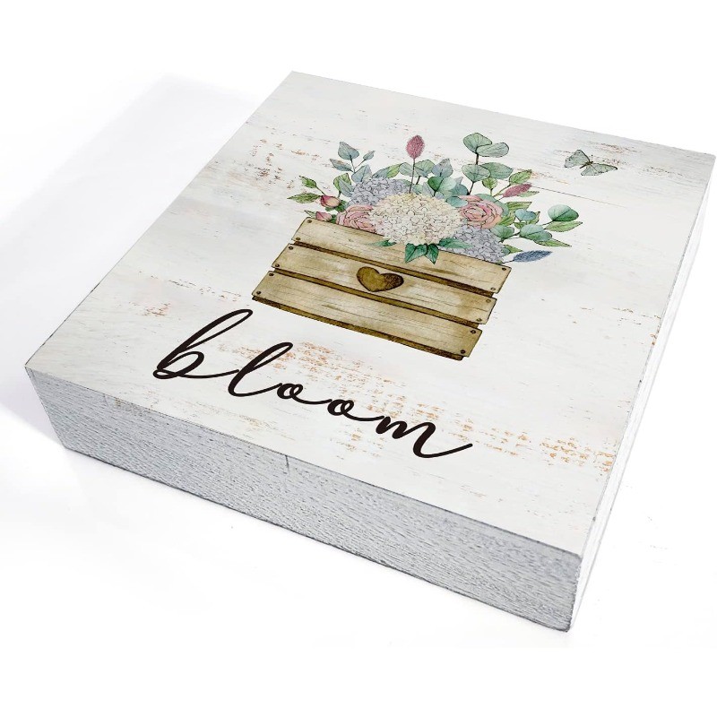 Beauty Bloom Floral Wooden Box Sign Rustic Flowers Wall Home Decor Plaque