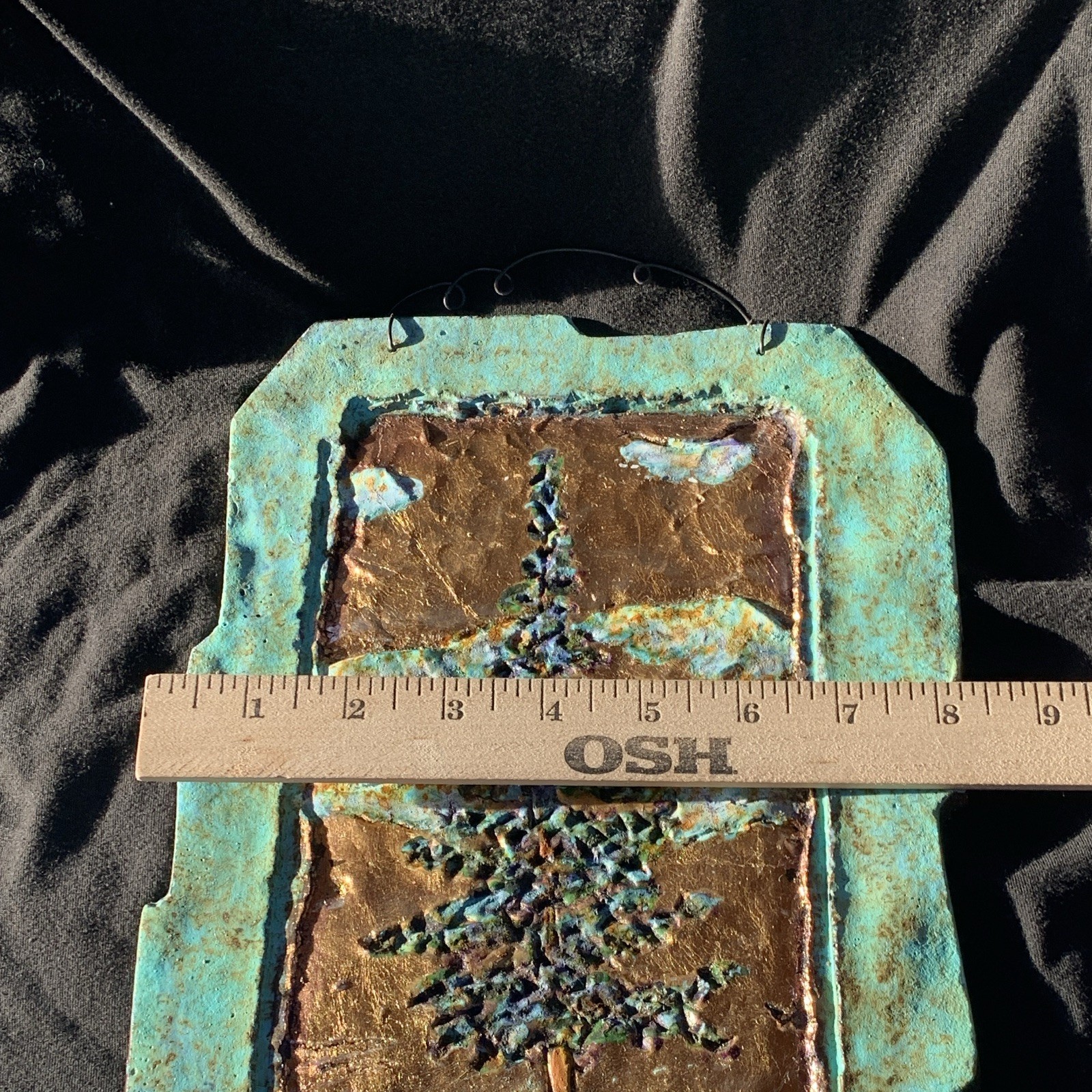 Hanging PaperAndStone Bronze Pine Tree Plaque Turquoise Patina by Jeanne Dana