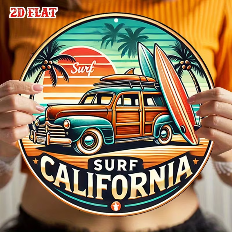 Vintage Beach Sunset Aluminum Metal Tin Sign – Retro Surfing & Palm Trees Round