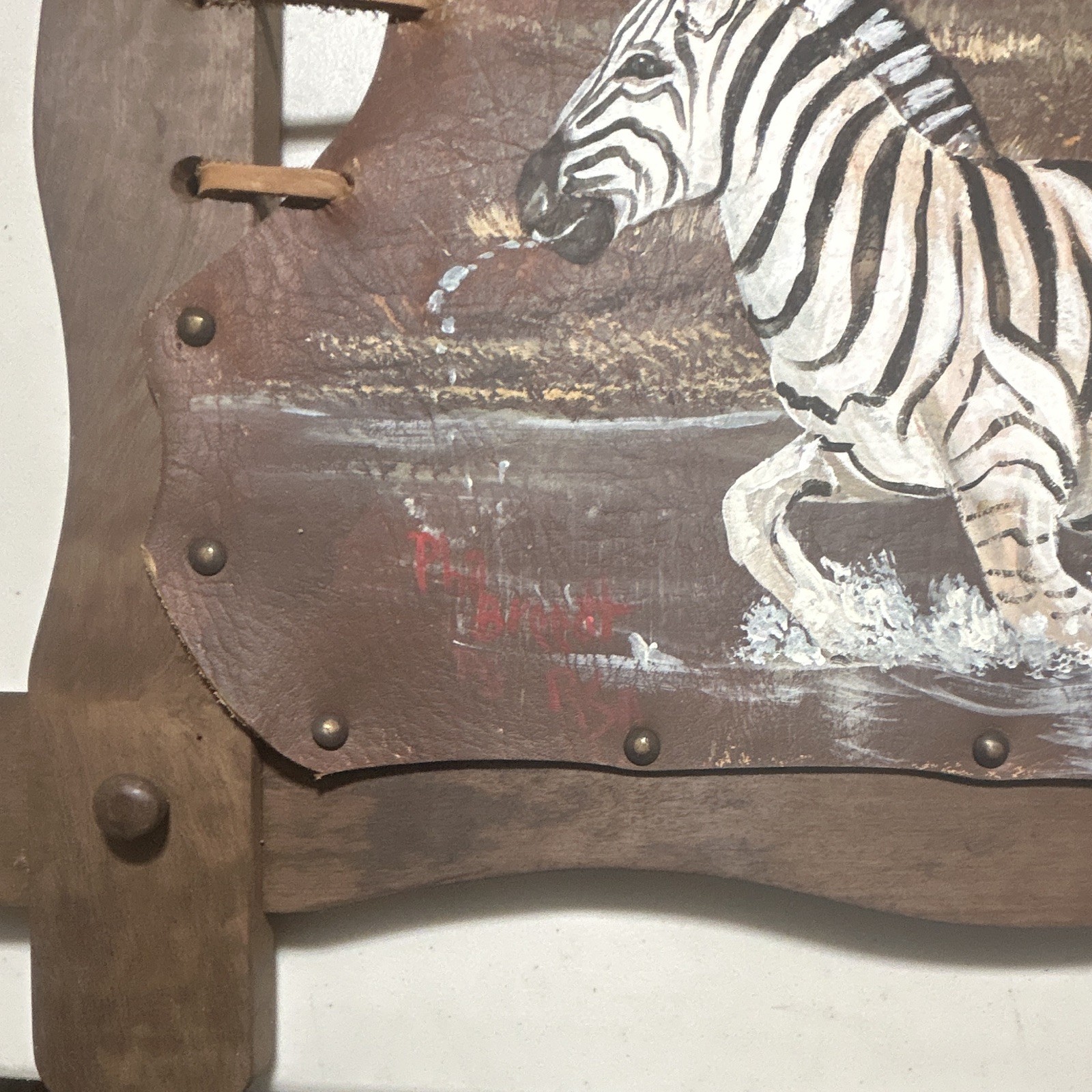 Phil Breedt signed leather South African painting Two zebras One Lion