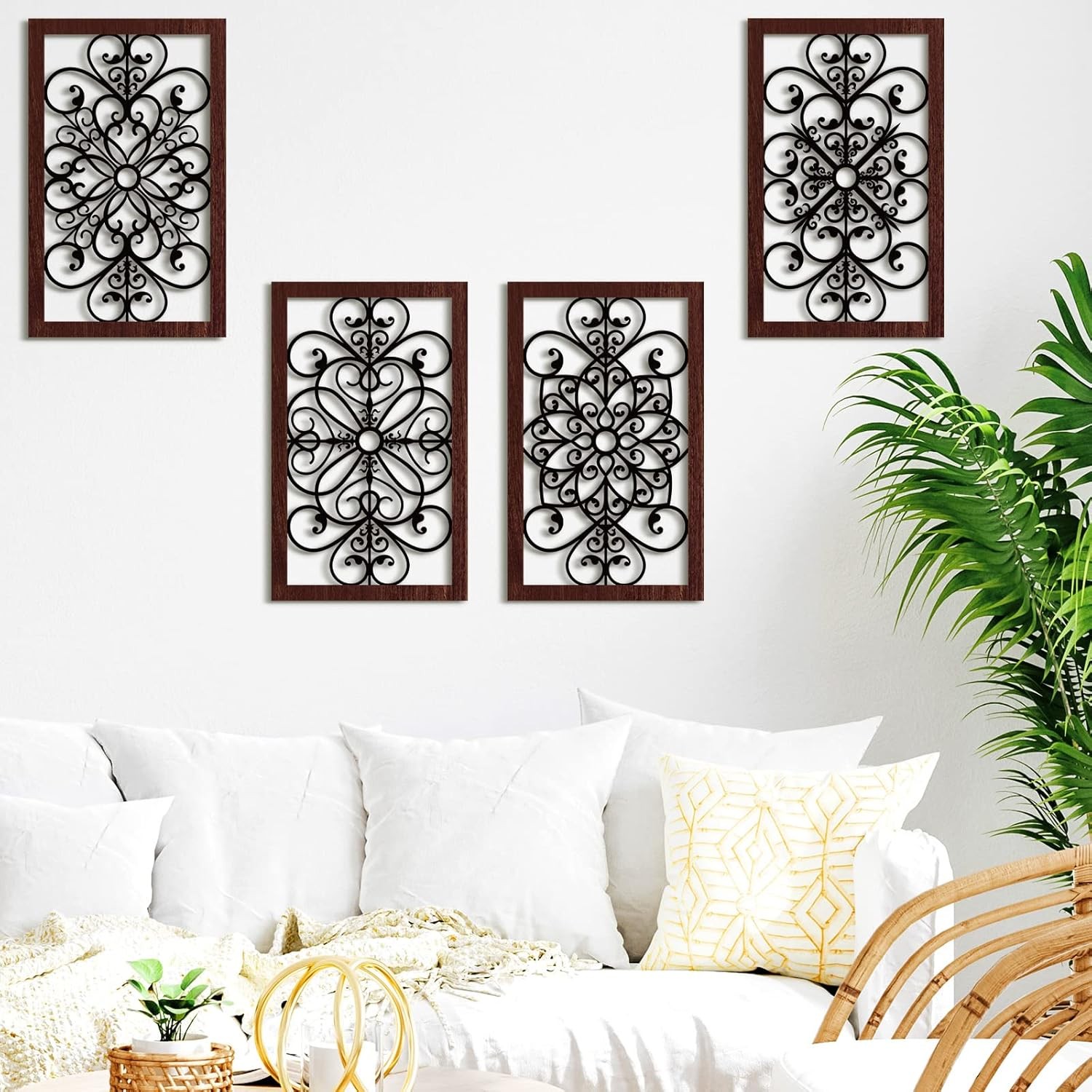 4 Pieces Thicken Rustic Wall Decor Modern Farmhouse Wooden Hollow Carved Design