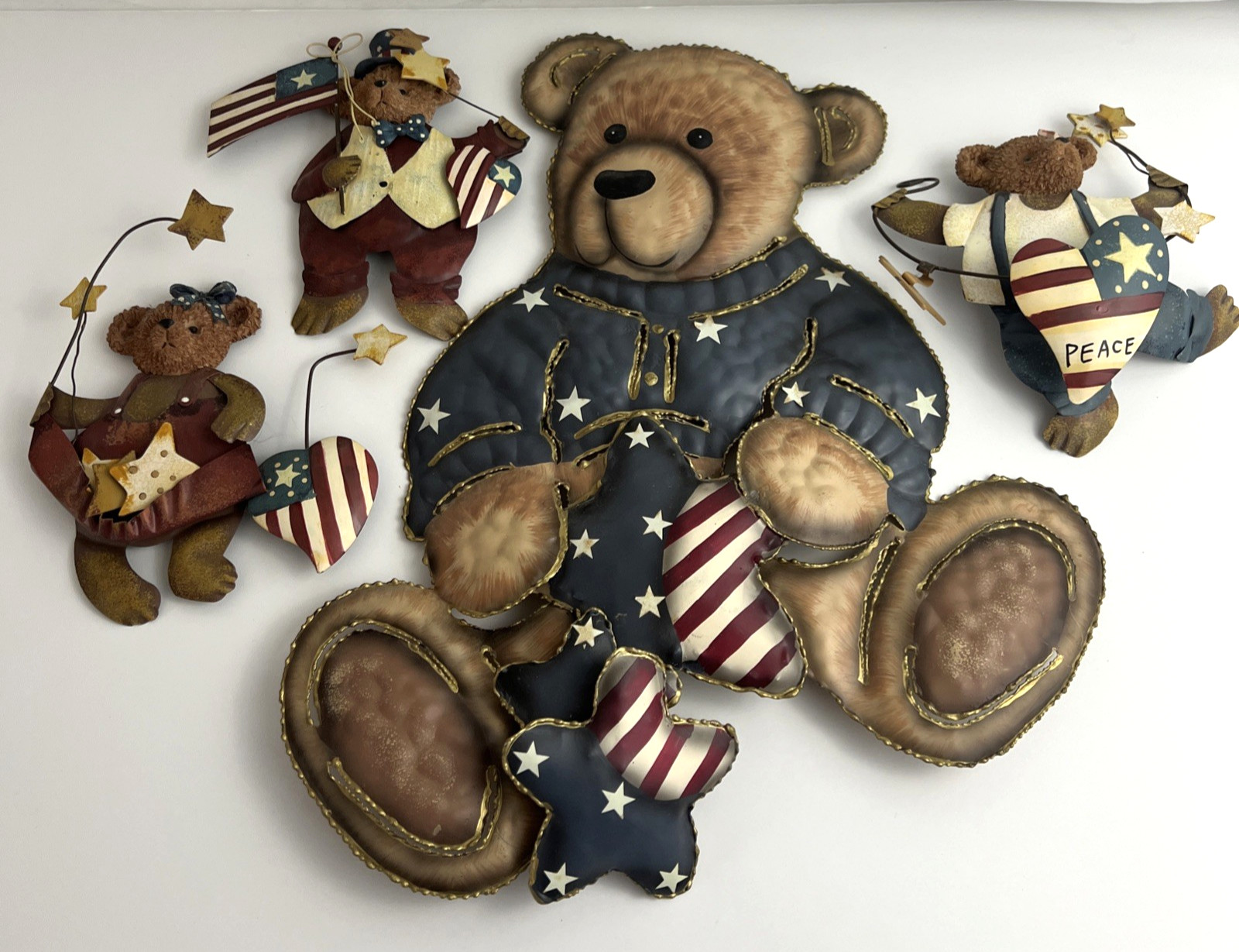 Americana Patriotic Teddy Bear Metal Wall Hanging Set of 4 Farmhouse Country