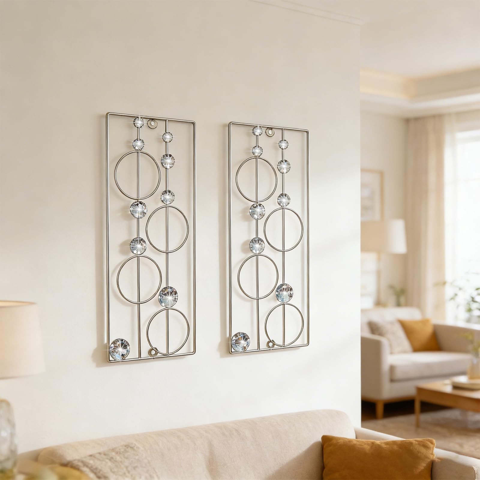 2 PCS Bling Abstract Metal Wall Art Minimalist Jeweled Crystal Geometric Decor