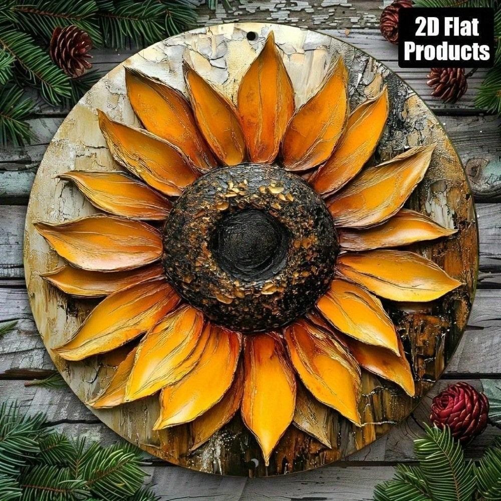 Vintage 8×8 Round Tin Sign Sunflower Rustic Wall Art Decor for Kitchen Garden
