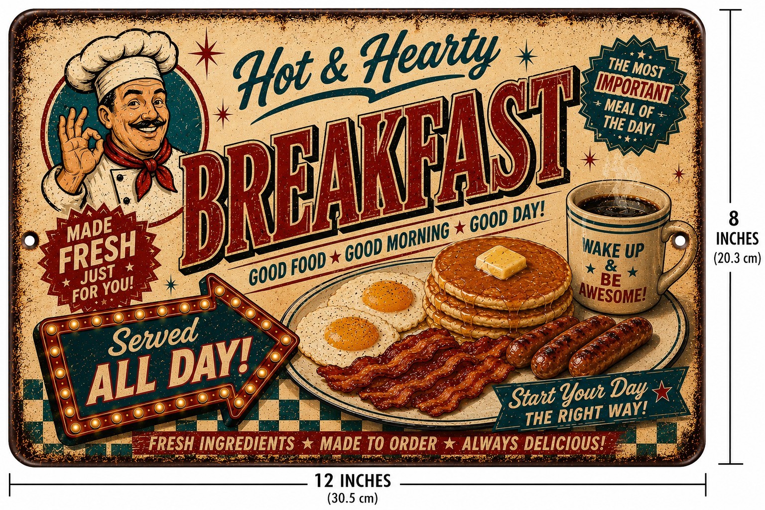 Retro Breakfast Tin Sign Pancakes Bacon Eggs Coffee Diner Kitchen Wall Decor