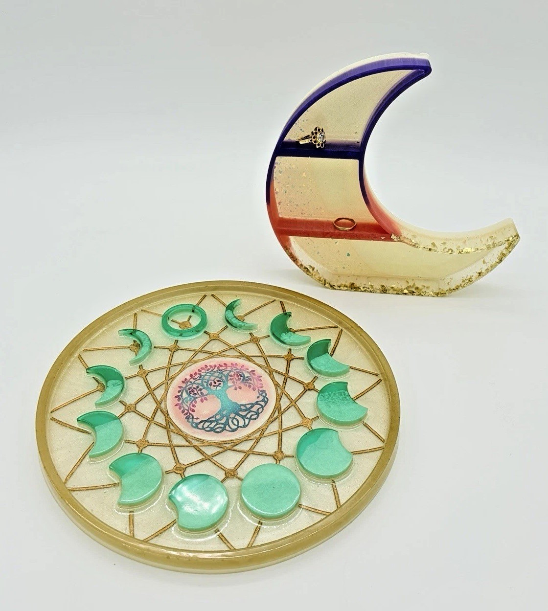 Moon Phase Tray Tree of Life Handmade Resin Display Shelf Set 9.5in Witch Decor