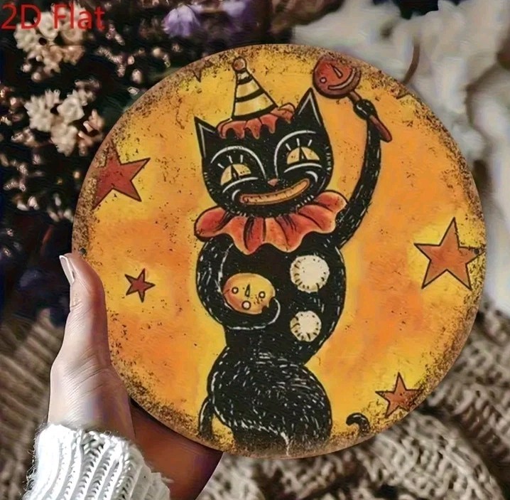 Vintage Black Cat Metal Wall Art Sign Round Retro Party Hat Balloon Decor