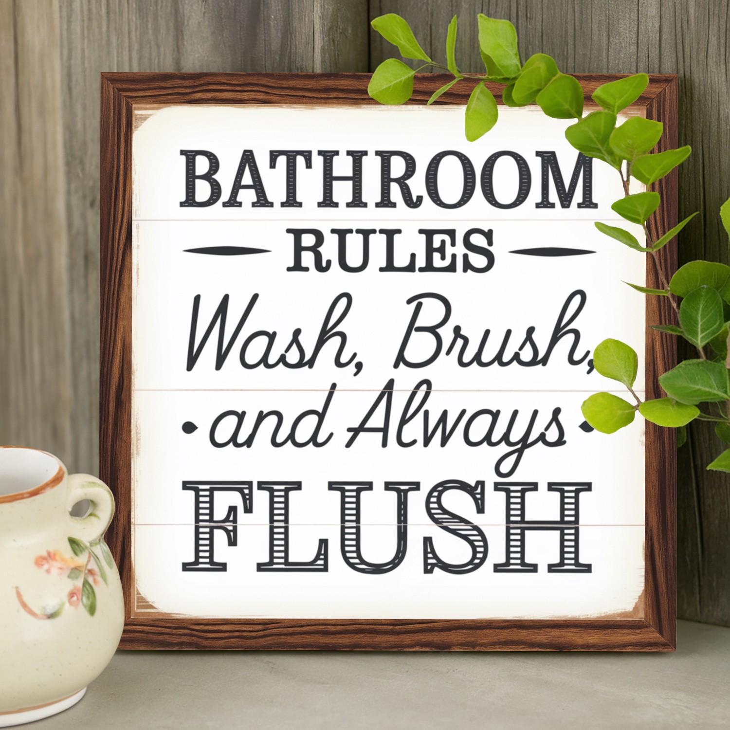 Rustic Wood Framed Bathroom Rules Sign Wash Brush Flush Funny Bathroom Art Decor