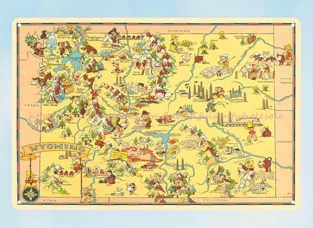 Pictorial map of WYOMING state by Ruth Taylor 1935 metal tin sign Office decor
