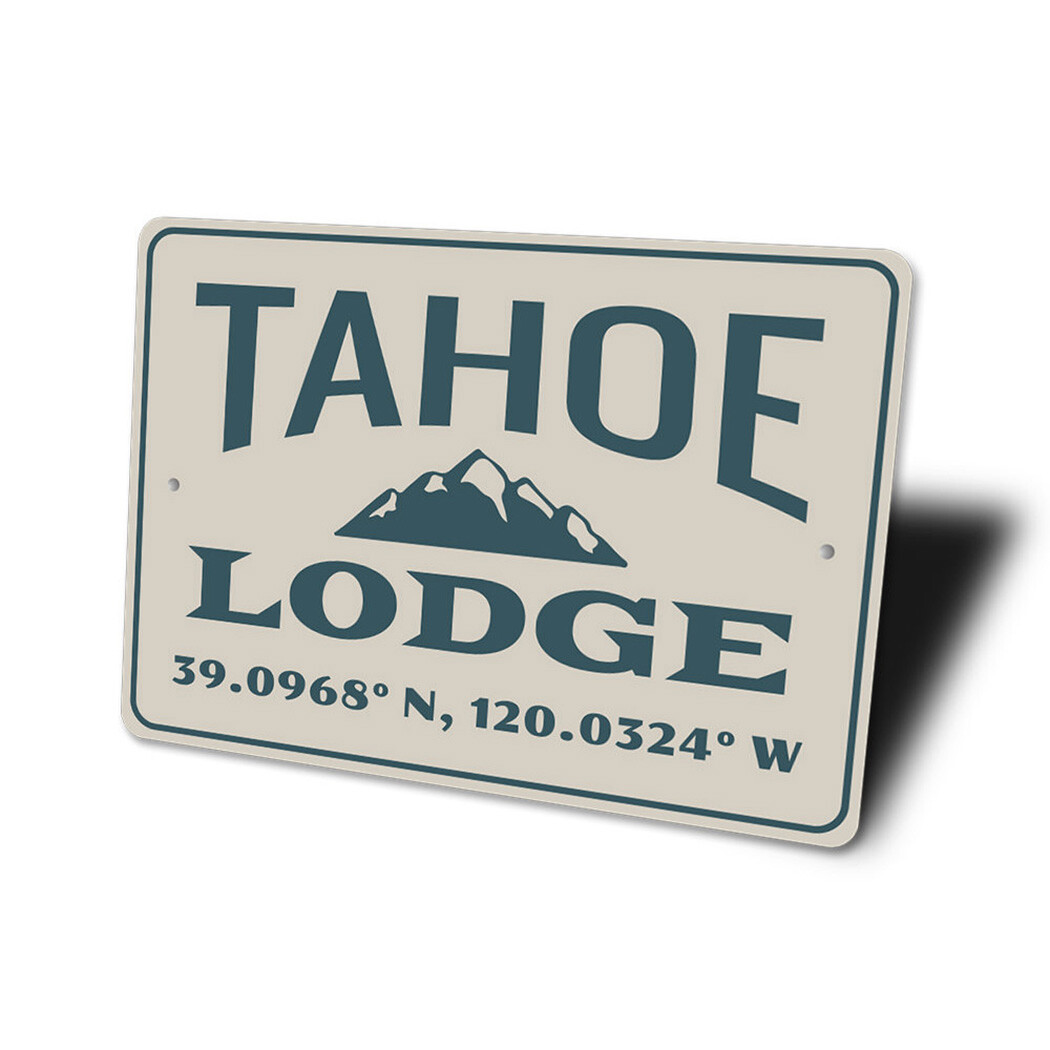 Tahoe Lodge Coordinates Sign Destination Sign, Lake House Cabin Metal Sign